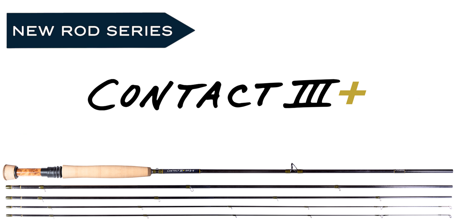 Fishing rod with 'Contact III+' branding on a white background