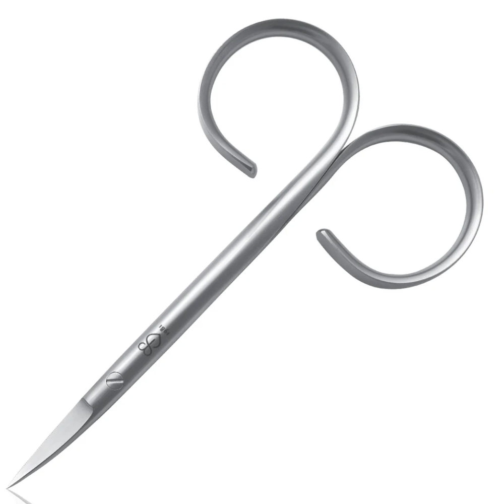 Pair of silver embroidery scissors on a white background