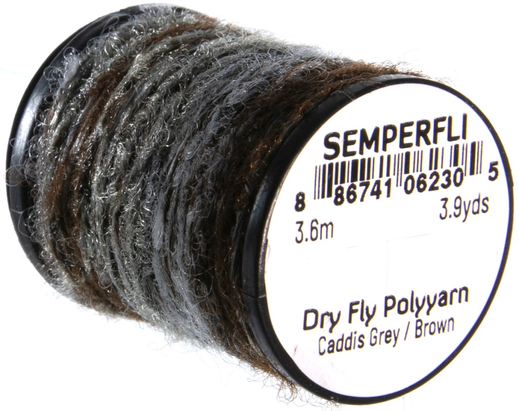 Spool of Semperfli Dry Fly Poly yarn with label on a white background